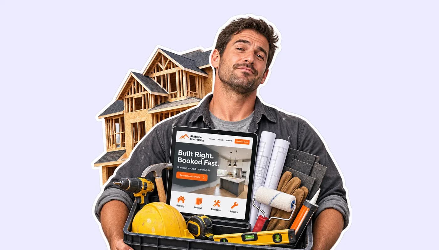 A contractor holding his tools and a tablet showing his website