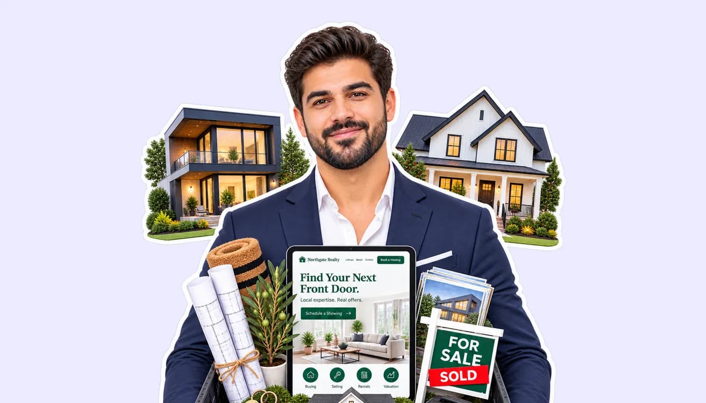 A real estate agent holding a tablet with his website, homes behind him